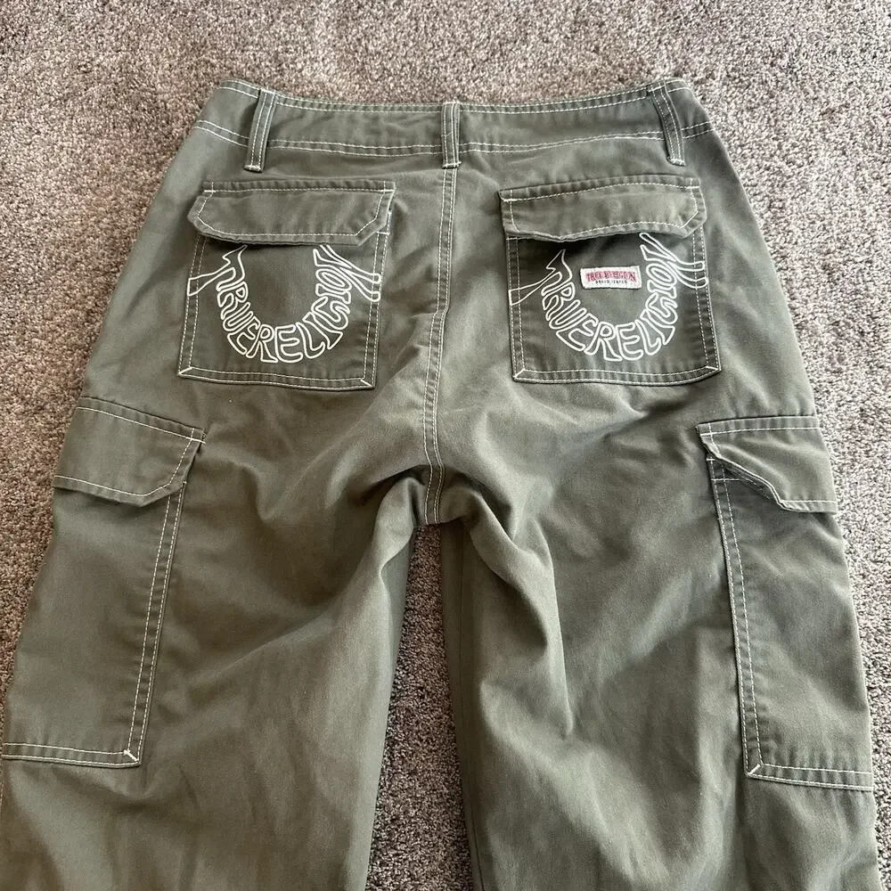 True Religion Green Cargo Pants Mens 30x32 Corpcore Grunge Punk Y2K Style Baggy